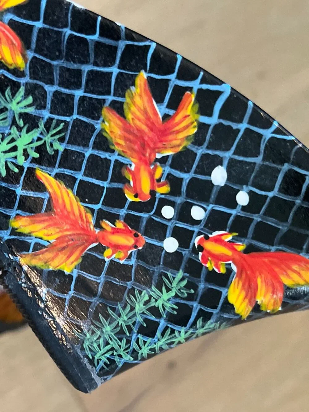 Rare Vintage Beverly Feldman Hand Painted Mermaid Fish Scene Wedge Sandals Black